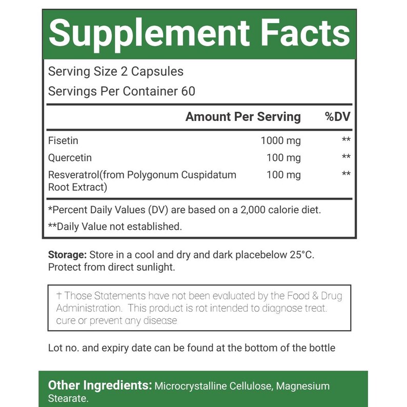 VitaCosmoX fisetin supplement fact side - 120 capsules (zoomed in)