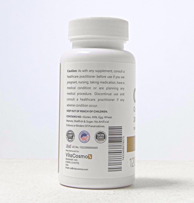 VitaCosmoX  coq10 caution warning side - 120 capsules (real image)
