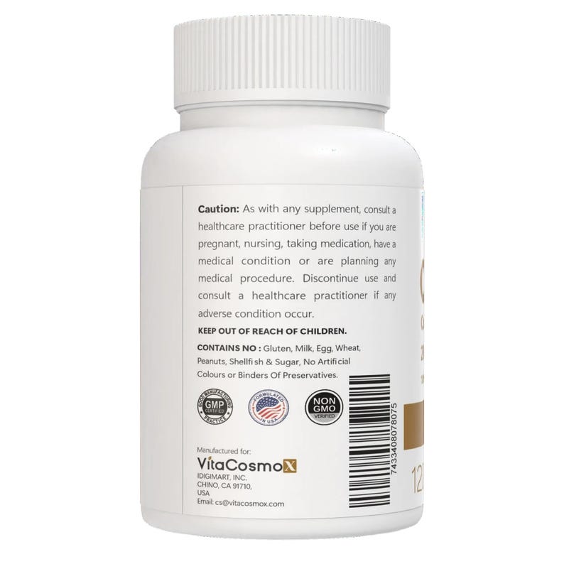 VitaCosmoX  coq10 caution warning side - 120 capsules
