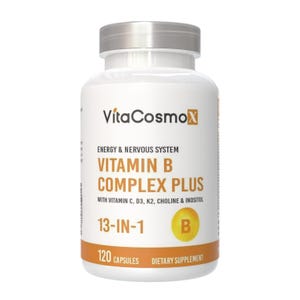 May include: A white bottle of VitaCosmoX Vitamin B Complex Plus dietary supplement. The label includes text such as "Energy & Nervous System", "13-IN-1", and "120 Capsules". The bottle has a silver cap and an orange and yellow label.