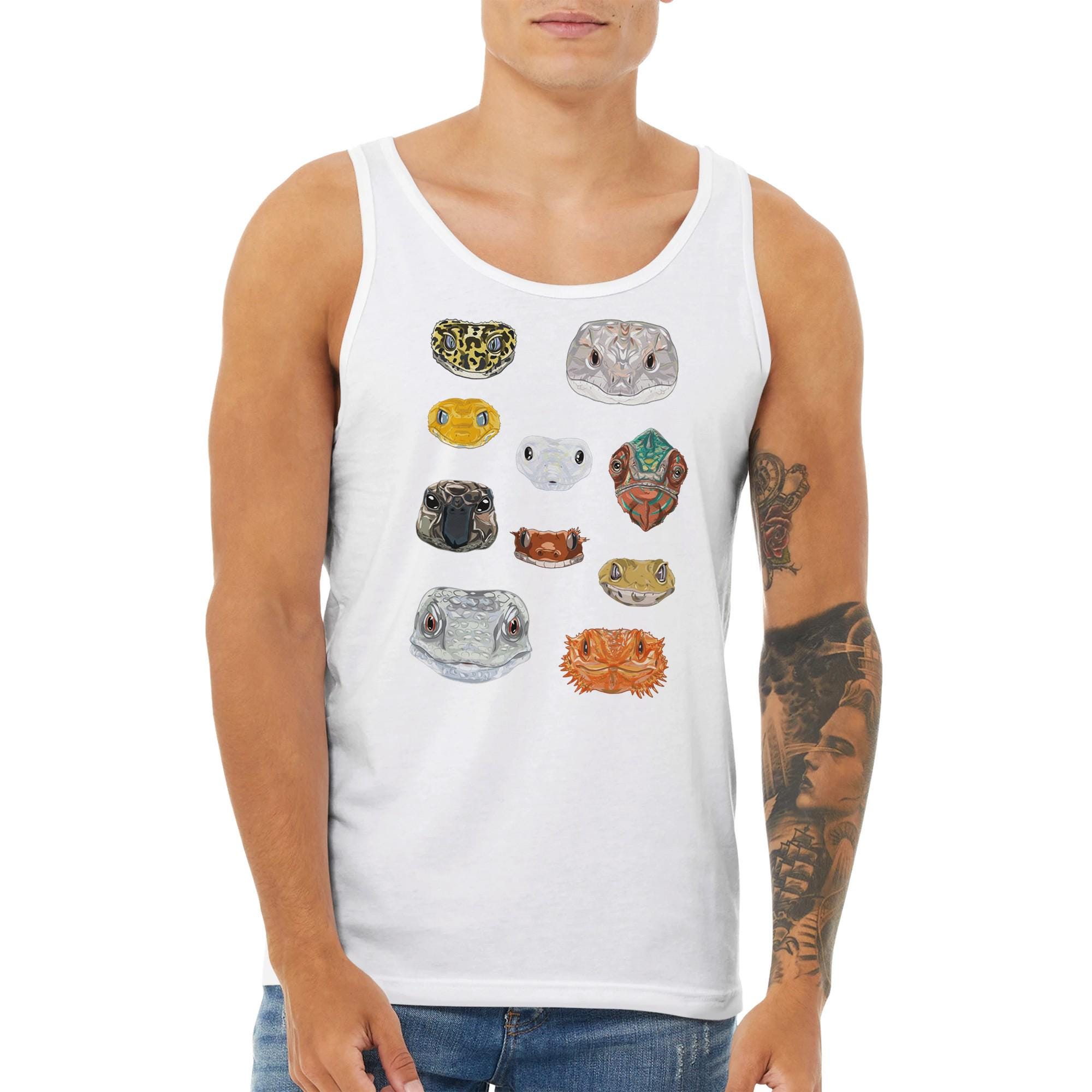 Reptile Faces - Men’s Tank Top, Original Reptile Art Unisex Vest, Cute Lizard Tortoise Snake Tank Shirt, Derpy Pet Designs, His Summer Wear