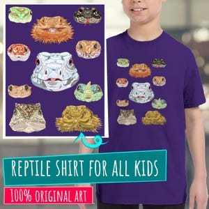 Reptile T-shirt for Kids Ver 2, Lizard Cartoon Shirt, Children's Snake Original Art Design, Bearded Dragon Tee, Gecko Merch
