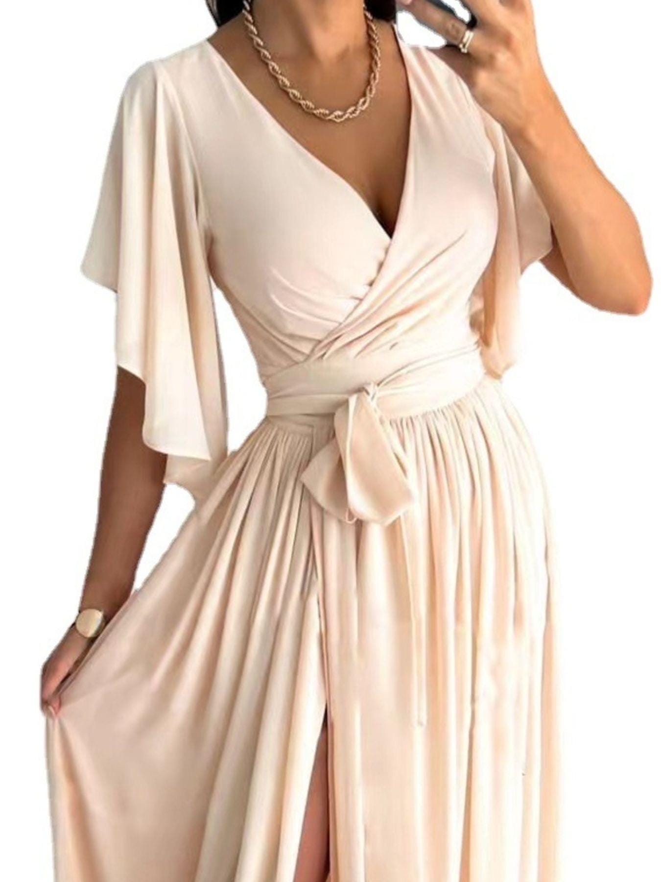 PassionFlower Flutter Sleeve Maxi Dress with Slit | Wrap Tie Waist Elegant Formal Dress | Ruffled Surplice Gown for Weddings, Parties & Even