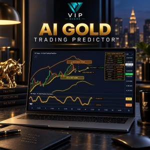 Könnte beinhalten: Ein Laptop mit der Software VIP Algos AI Gold Trading Predictor, die ein Candlestick-Diagramm, Gold-Kauf- und Verkaufszonen sowie technische Indikatoren anzeigt. Der Bildschirm zeigt Marktdaten, eine Bullenstatue und eine schwarze Tasse.