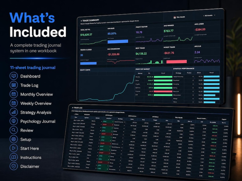 Google Sheets trading journal template with net P/L, win rate, equity curve, and strategy analytics