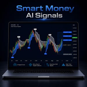 May include: A laptop screen displays a financial trading chart titled Smart Money AI Signals. The chart shows XAUUSD price movements with red and green candlesticks, blue and grey trend zones, and labels for buy, sell, entry, and take profit points.