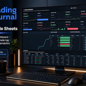 Trading journal dashboard for Google Sheets template with clean analytics and trade log view