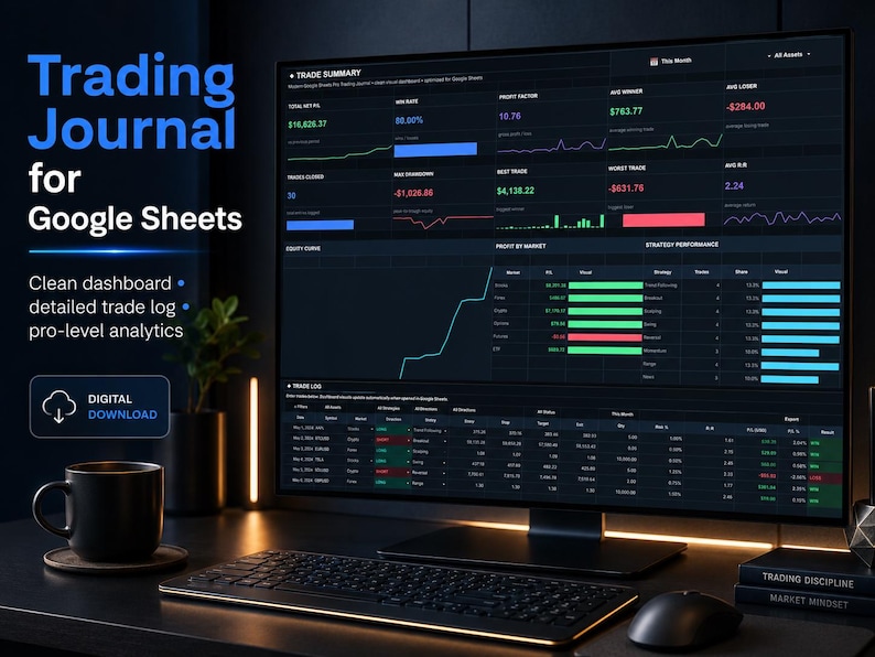 Trading journal dashboard for Google Sheets template with clean analytics and trade log view