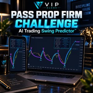 May include: A laptop and smartphone displaying the VIP Algos AI Trading Swing Predictor software with financial charts showing buy and sell signals. A black notebook with the text Better Trades A Brighter Future and a black mug are present.