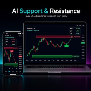 Puede incluir: Un portátil y un smartphone muestran una interfaz de plataforma de trading. Las pantallas muestran gráficos de acciones con líneas rojas y verdes, zonas de soporte y resistencia, y el texto "AI Support & Resistance". La pantalla del portátil muestra "EURUSD - 1H".