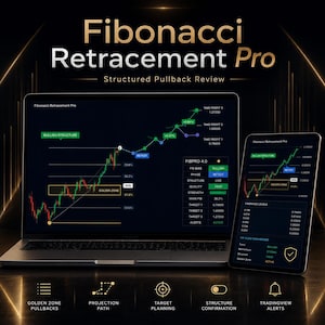 以下が含まれることがあります： Fibonacci Retracement Proソフトウェアのインターフェースを表示するノートパソコンとタブレット。金融チャート、強気構造インジケーター、ゴールデンゾーンマーカー、利益確定レベルが、金色のアクセントがある暗い背景に表示されています。