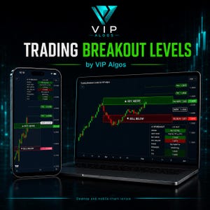 May include: A laptop and smartphone display a trading platform interface with the text "TRADING BREAKOUT LEVELS." The screens show charts with green and red indicators, along with the "VIP ALGOS" logo. The phrase "BUY ABOVE" and "SELL BELOW" are also visible.