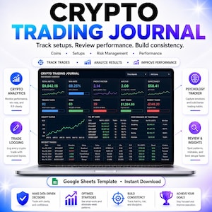 Peut inclure: Un écran d'ordinateur portable affiche un tableau de bord "Crypto Trading Journal" avec des données financières, des graphiques et des diagrammes. L'interface comprend des sections pour l'analyse, la journalisation des transactions et les mesures de performance. L'image fait la promotion d'un modèle Google Sheets pour le trading de crypto.