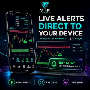 Puede incluir: Imagen promocional de VIP Algios, que muestra alertas en tiempo real en un teléfono inteligente y una computadora portátil. Las pantallas muestran gráficos de trading con señales de compra, y el texto dice "LIVE ALERTS DIRECT TO YOUR DEVICE".