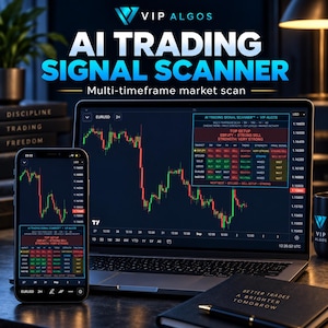 Può includere: Un computer portatile e uno smartphone mostrano l'interfaccia VIP ALGOS AI TRADING SIGNAL SCANNER con grafici finanziari in tempo reale, pattern a candela rossi e verdi e una tabella dati che mostra tendenze, forza e segnali di trading.