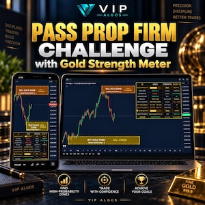 Könnte beinhalten: Ein Smartphone und ein Laptop zeigen Finanzhandelsdiagramme mit dem Text PASS PROP FIRM CHALLENGE with Gold Strength Meter. Die Bildschirme zeigen Datentabellen, Liniendiagramme sowie markierte Kauf- und Verkaufszonen. Ein Goldbarren ist in der Nähe zu sehen.