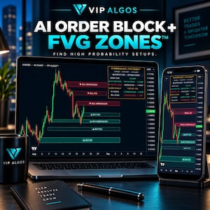 Könnte beinhalten: Ein Laptop und ein Smartphone zeigen die Handelssoftware VIP ALGOS AI ORDER BLOCK + FVG ZONES mit Kerzendiagrammen, roten und grünen Zonen sowie Textüberlagerungen. Ein schwarzer Becher und ein Notizbuch mit dem Text PLAN ANALYZE TRADE GROW sind zu sehen.