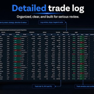 Professional trading journal template showing trade log inputs and automatic performance metrics