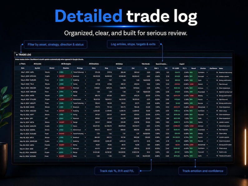 Professional trading journal template showing trade log inputs and automatic performance metrics