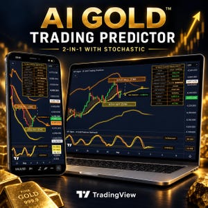 Può includere: Uno smartphone e un computer portatile mostrano l'interfaccia del software AI GOLD TRADING PREDICTOR 2-IN-1 WITH STOCHASTIC con grafici finanziari, zone di acquisto e vendita di oro e dati di mercato, vicino a lingotti d'oro su una superficie scura.