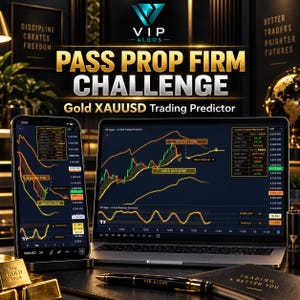 May include: A smartphone and a laptop displaying Gold XAUUSD trading charts with buy and sell zones. The screen shows the text VIP ALGOS PASS PROP FIRM CHALLENGE. A black pen with the text VIP ALGOS and a notebook are placed on the desk.