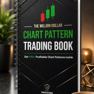 Può includere: Un libro nero a spirale intitolato "THE MILLION DOLLAR CHART PATTERN TRADING BOOK" con illustrazioni di grafici verdi e rossi. La copertina del libro presenta il testo "Get 100+ Profitable Chart Patterns Inside" e il logo "VIP INDICATORS".