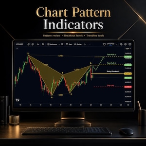 Peut inclure: Un écran d'ordinateur affiche un graphique avec le texte "Chart Pattern Indicators". Le graphique montre un graphique en lignes vert et rouge avec divers indicateurs et étiquettes, dont "Take Profit" et "Stop Loss".