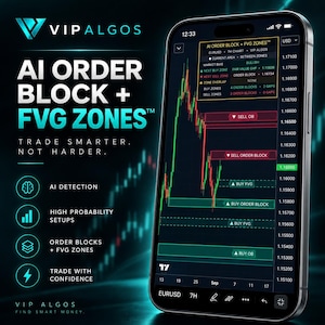 May include: A smartphone displaying a trading chart with AI Order Block and FVG Zones indicators. The screen shows red and green candlestick patterns, market bias data, and text including VIP ALGOS, AI ORDER BLOCK + FVG ZONES, and TRADE SMARTER.