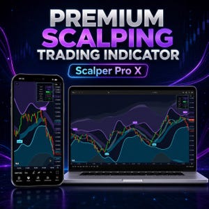 Könnte beinhalten: Ein Smartphone und ein Laptop zeigen den Scalper Pro X Trading-Indikator. Beide Bildschirme präsentieren Finanzcharts mit violetten und türkisfarbenen Trendlinien, Kauf- und Verkaufssignalen sowie Datenfeldern auf dunklem Hintergrund.