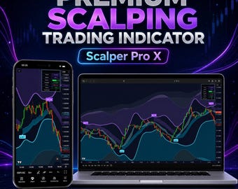 Pode incluir: Um smartphone e um portátil exibem o indicador de trading Scalper Pro X. Ambos os ecrãs mostram gráficos financeiros com linhas de tendência roxas e azul-petróleo, sinais de compra e venda e painéis de dados num fundo escuro.
