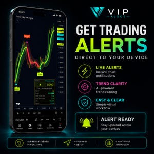 以下が含まれることがあります： スマートフォンには、価格変動を示すチャートが表示された取引アプリのインターフェースが表示されています。「VIP Algios」というブランドのアプリは、リアルタイムの取引アラート、トレンドの明確さ、シンプルなワークフローを提供します。画面のテキストは「デバイスに直接取引アラートを取得」と表示されています。