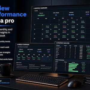 Trading journal template with clean dashboard analytics, trade log, psychology tracking, and review tools