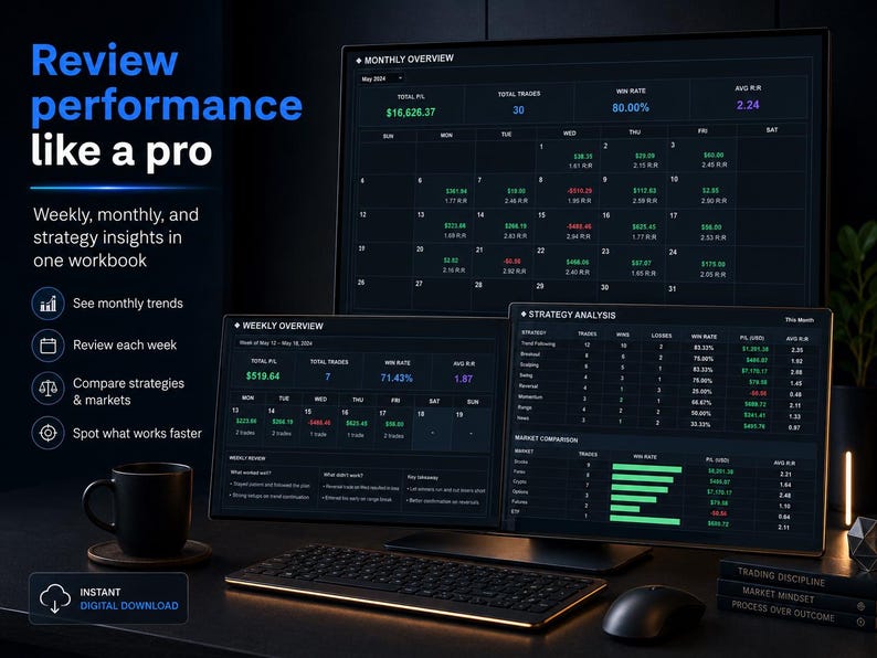 Trading journal template with clean dashboard analytics, trade log, psychology tracking, and review tools