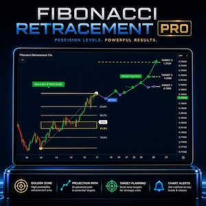 May include: A digital tablet displays a financial chart with the text "Fibonacci Retracement Pro." The chart shows a green and red line graph with labels like "Bullish Structure," "Golden Zone," and "Projection Path." The screen also shows the text "Precision Levels. Powerful Results."