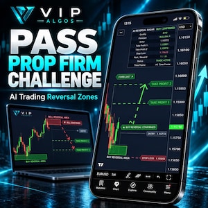 Pode incluir: Um smartphone e um portátil exibindo software de trading com o texto VIP ALGOS, PASS PROP FIRM CHALLENGE e AI Trading Reversal Zones. Os ecrãs mostram gráficos financeiros com velas verdes e vermelhas, sinais e dados.