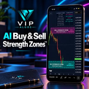 Könnte beinhalten: Ein Smartphone zeigt ein Finanzhandelsdiagramm mit der Software AI Buy & Sell Strength Zones. Der Bildschirm zeigt einen bärischen Markttrend, Preisreaktionen und spezifische Zonen. Das VIP ALGOS Logo ist links neben einem schwarzen Stift zu sehen.