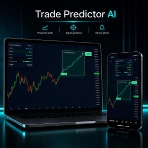 May include: A laptop and smartphone display the "Trade Predictor AI" interface. The screens show a green line graph with the text "Future Prediction" and "Buy Here". The laptop screen also displays the text "Projected path", "Signal guidance", and "Device alerts".