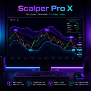 Może przedstawiać: Monitor komputera wyświetlający wykres finansowy z tekstem "Scalper Pro X". Wykres przedstawia wykres liniowy ze wskaźnikami kupna i sprzedaży. Na ekranie wyświetlany jest również tekst "Fast signals. Clean chart. Confident trades."