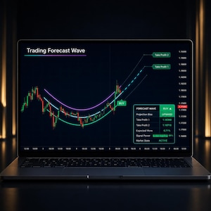 May include: A laptop displays a trading forecast wave chart with green and red candlestick graphs, curved lines, and data points. The screen shows "Take Profit" levels and a "BUY" indicator. The laptop is on a dark surface.