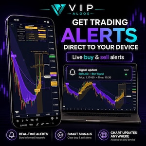 May include: A smartphone and laptop display a trading platform interface with real-time alerts. The screen shows a chart with purple and yellow lines, and the text "GET TRADING ALERTS DIRECT TO YOUR DEVICE". The image also includes the text "Live buy & sell alerts".