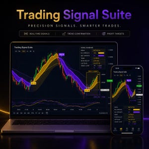 May include: A laptop and smartphone displaying the Trading Signal Suite interface with financial charts, trend lines in yellow and purple, and data panels showing buy and sell signals, profit targets, and market trends on a dark background.