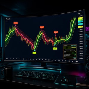 Könnte beinhalten: Ein gebogener Computermonitor zeigt ein Finanzdiagramm mit grünen und roten Linien, die Markttrends anzeigen. Der Bildschirm zeigt die Beschriftungen "SHORT" und "LONG", numerische Daten und einen Titel "Trend X". Eine Tastatur, eine Maus und eine schwarze Tasse sind im Vordergrund.