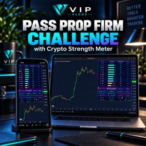 Könnte beinhalten: Ein Smartphone und ein Laptop mit der Benutzeroberfläche des VIP Algos Crypto Strength Meter. Die Bildschirme zeigen Finanzdiagramme, Balken zur Kryptostärke und den Text PASS PROP FIRM CHALLENGE with Crypto Strength Meter in weißer Schrift.