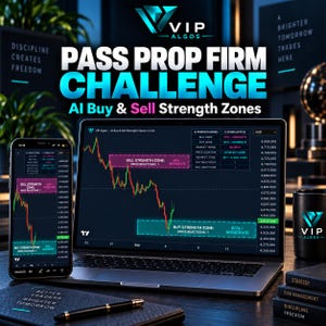 Puede incluir: Un ordenador portátil y un smartphone que muestran software de trading con el texto VIP ALGOS, PASS PROP FIRM CHALLENGE, AI Buy & Sell Strength Zones y gráficos de datos de mercado. Las pantallas muestran zonas de fuerza de compra y venta.