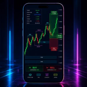 以下が含まれることがあります： スマートフォン画面には、金融取引アプリのインターフェースが表示されています。アプリは、価格変動を示す緑と赤の線で構成されたローソク足チャートを表示します。「購入」、「販売」、「エントリー」、「ターゲット」などのテキストラベルと数値が表示されています。背景は暗く、ネオンブルーとピンクの光があります。