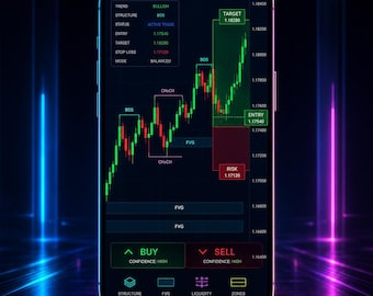 May include: A smartphone screen displays a financial trading app interface. The app shows a candlestick chart with green and red lines, indicating price fluctuations. Text labels include "Buy," "Sell," "Entry," and "Target," with numerical values. The background is dark with neon blue and pink light.