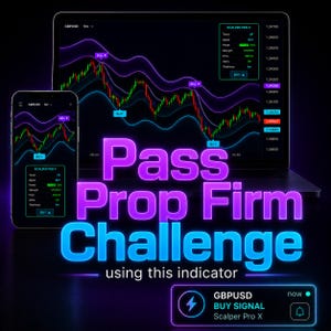 Puede incluir: Un portátil y un smartphone muestran un gráfico de trading con líneas de tendencia moradas y azules, señales de compra y venta, el texto Pass Prop Firm Challenge using this indicator y un cuadro de notificación con una señal de compra GBPUSD.