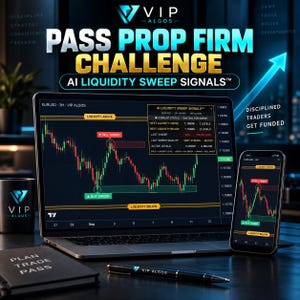 Könnte beinhalten: Ein Laptop und ein Smartphone mit Handelscharts und AI Liquidity Sweep Signals, ein Markenbecher, ein Notizbuch mit der Aufschrift Plan Trade Pass und ein Stift. Der Text lautet Pass Prop Firm Challenge, AI Liquidity Sweep Signals und Disciplined Traders Get Funded.