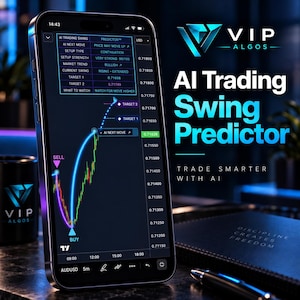 May include: A smartphone displaying a trading chart with a blue and green trend line, buy and sell markers, and data tables. The screen shows text including AI TRADING SWING PREDICTOR, VIP ALGOS, and TRADE SMARTER WITH AI, alongside a black notebook and pen.