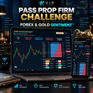 May include: A laptop and smartphone displaying the Forex & Gold Sentiment dashboard with live market data, candlestick charts, and currency pair sentiment bars. The screen features the text Pass Prop Firm Challenge with Forex & Gold Sentiment.